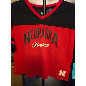 Gen2‎ Nebraska Huskers Womens XL Red Black Glitter Cropped V-Neck T-Shirt NCAA